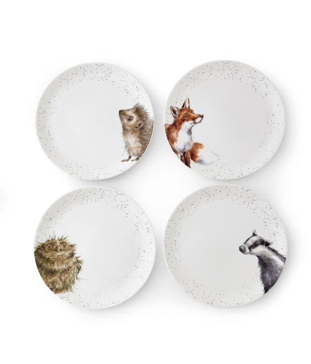 Wrendale Designs Coupe Plates S/4 Assorted. Badger, Hedgehog, Fox, Owl